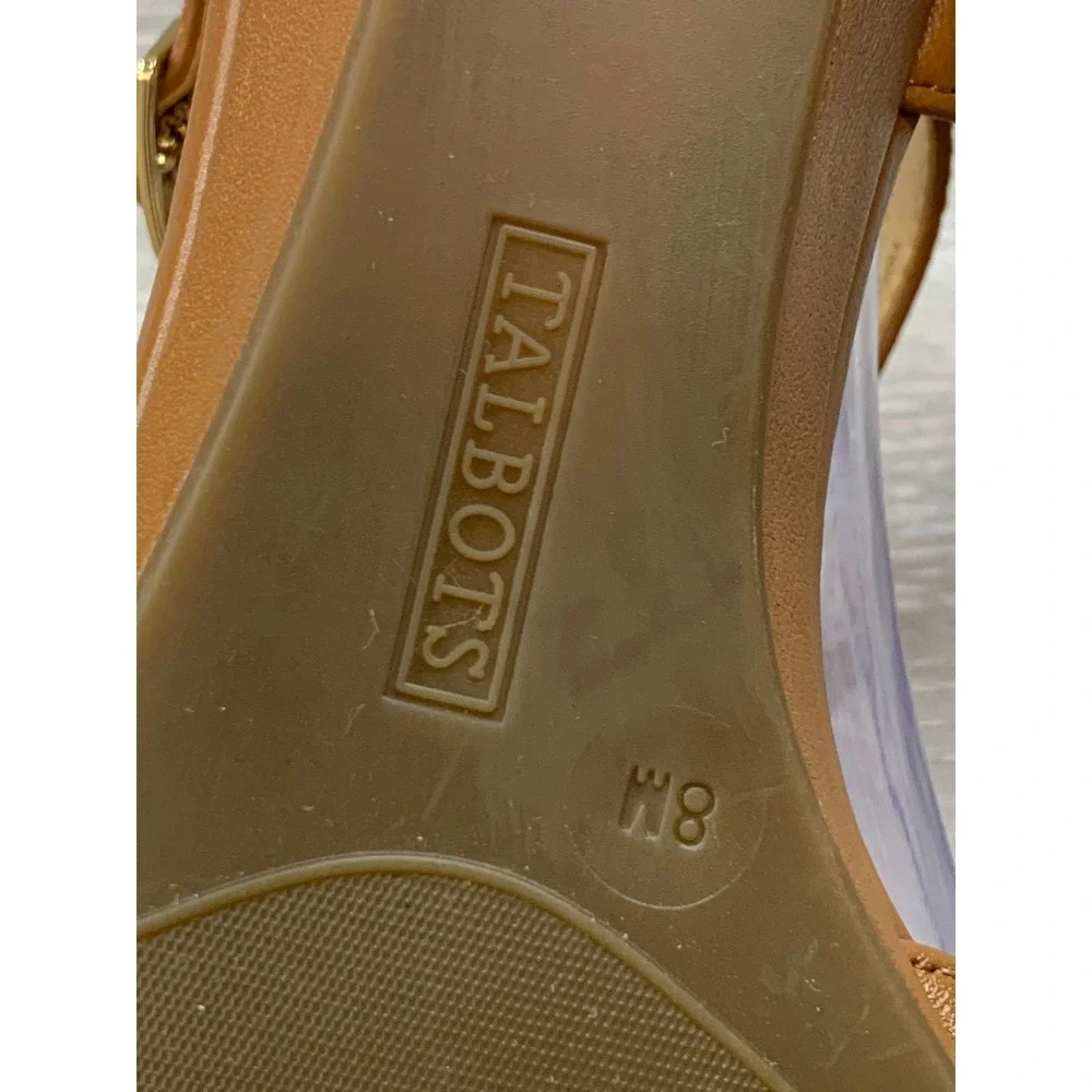 Talbots Women's 8 Cognac Brown Leather Strappy Low Wedge Ankle Strap Sandals